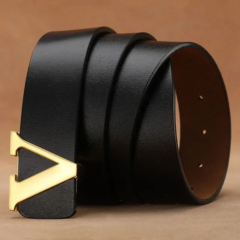 Cinturón con hebilla lisa de alta calidad para hombre, cinturón vaquero con letra V de piel de vaca pura de cuero genuino para hombre y mujer, cinturón masculino de lujo de diseñador