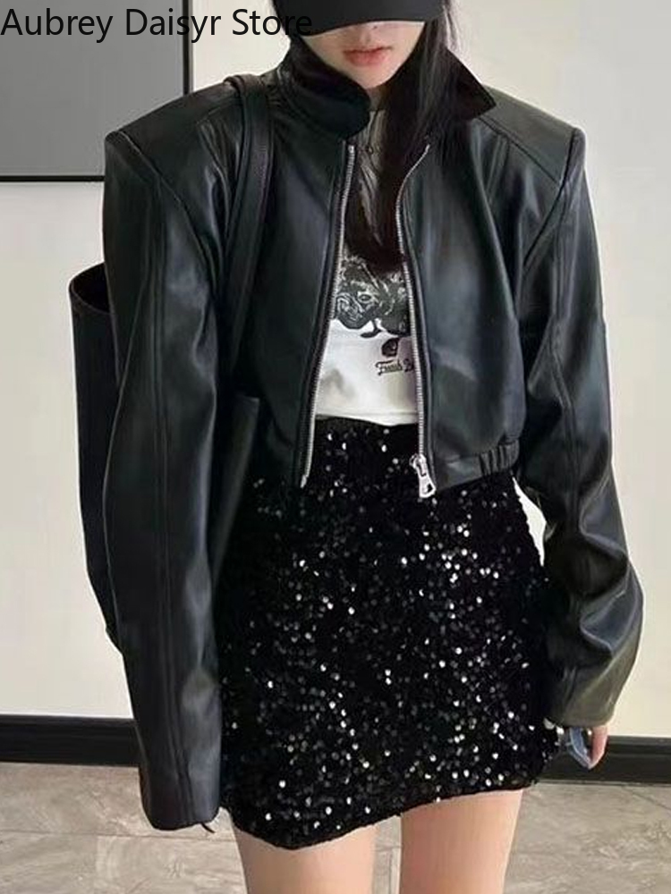 Chaqueta corta de cuero negro Punk para mujer, ropa de calle de invierno, chaqueta de motorista con cremallera, chaqueta de cuero de imitación informal, High Street, nuevo