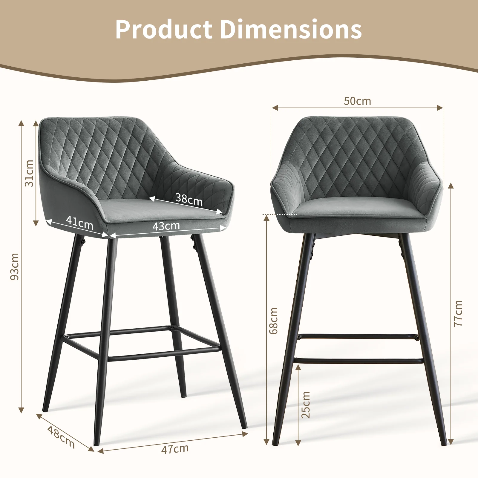 AINPECCA Bar stools Set of 2 Velvet/FauxSuede/Faux Leather Upholstered Seat with Backrest & Armrest Metal Legs Counter Breakfast