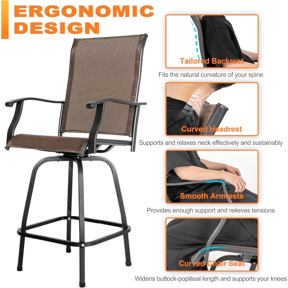Patio Bar Set with Square Silk Screen Bar Height Glass Table and 4 Counter Textilene Height Swivel Chairs for Patio Yard,Outdoor