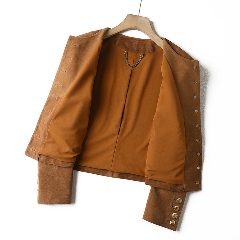 女性用スエードレザージャケット,ラウンドカラー,シンプルなボタン,長袖,カジュアル,コート,冬,コレクション2023
