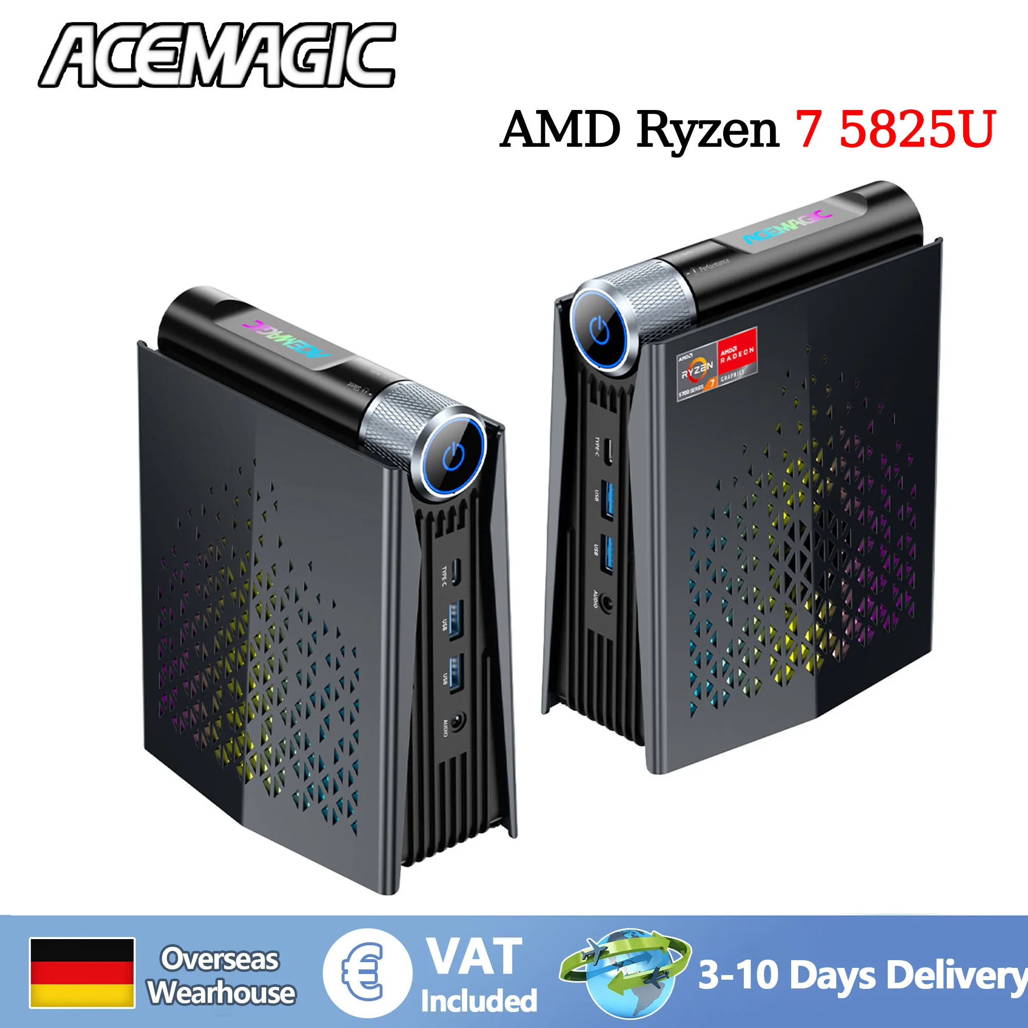 ACEMAGIC S3A Mini PC Gaming AMD Ryzen 7 5825U RAM 16/32 GB DDR4 512 GB/1 TB SSD Computer da Gioco Controllo Luce RGB WiFi6 BT5.2