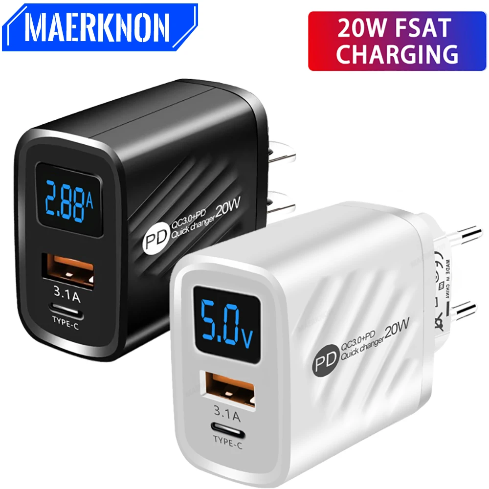 Caricatore USB tipo C Adattatore di ricarica per telefono con display digitale a ricarica rapida PD da 20 W per iPhone Samsung Xiaomi Caricatore da muro a ricarica rapida