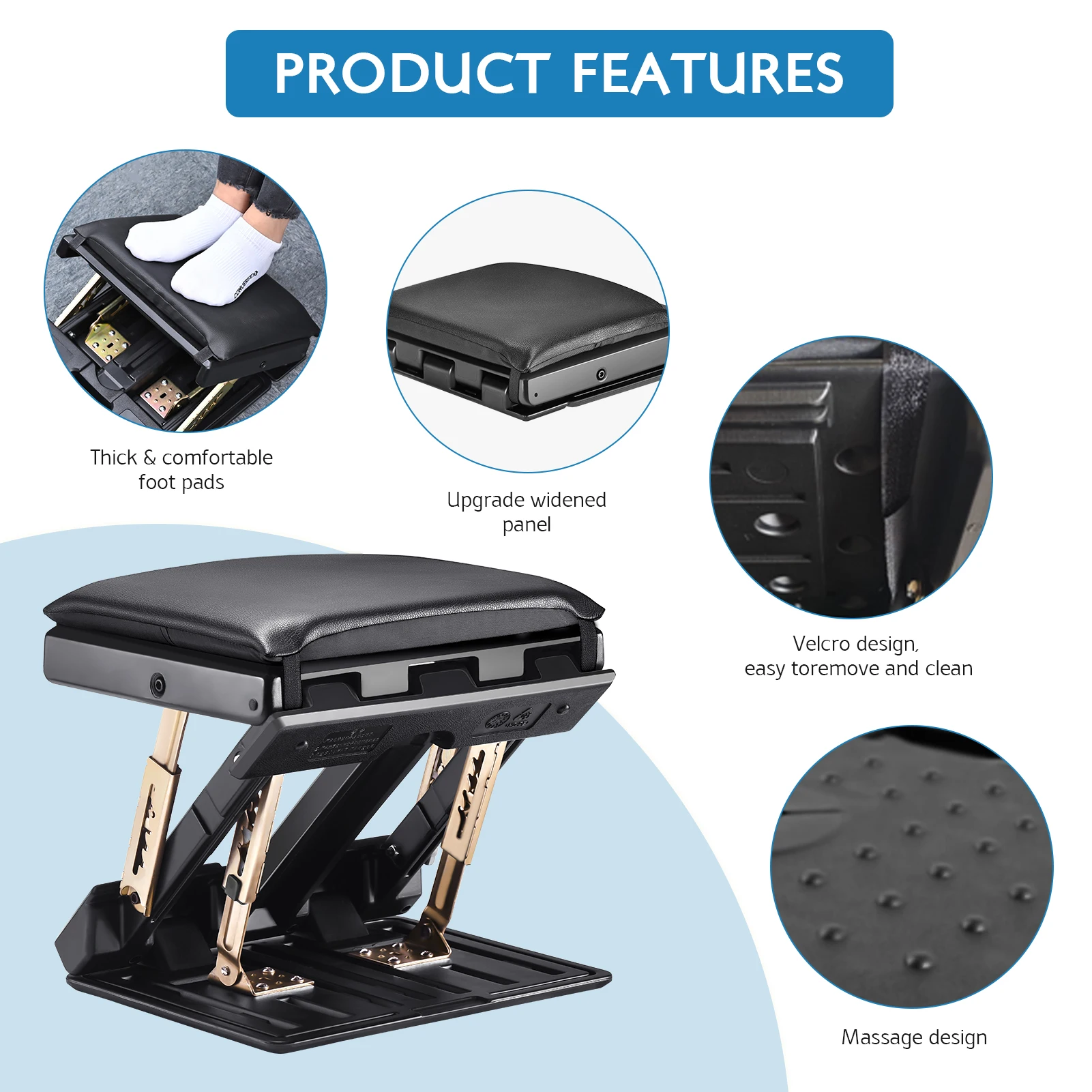 Folding Footrest With 4 Adjustable Heights & 3 Adjustable Angle Of Inclination Non-slip Foot Stool With Massage Function