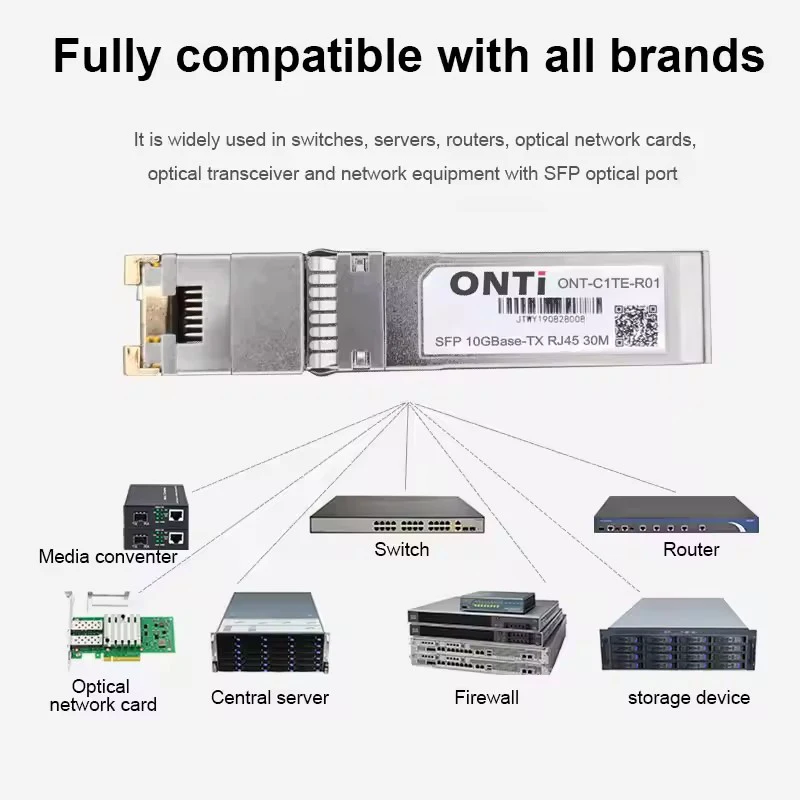 Módulo ONTi 10G RJ45 Cobre SFP + 10GBase-Tx Ethernet Fibra Óptica FTTH Compatível com Switch Cisco/Mikrotik 30m / 80m