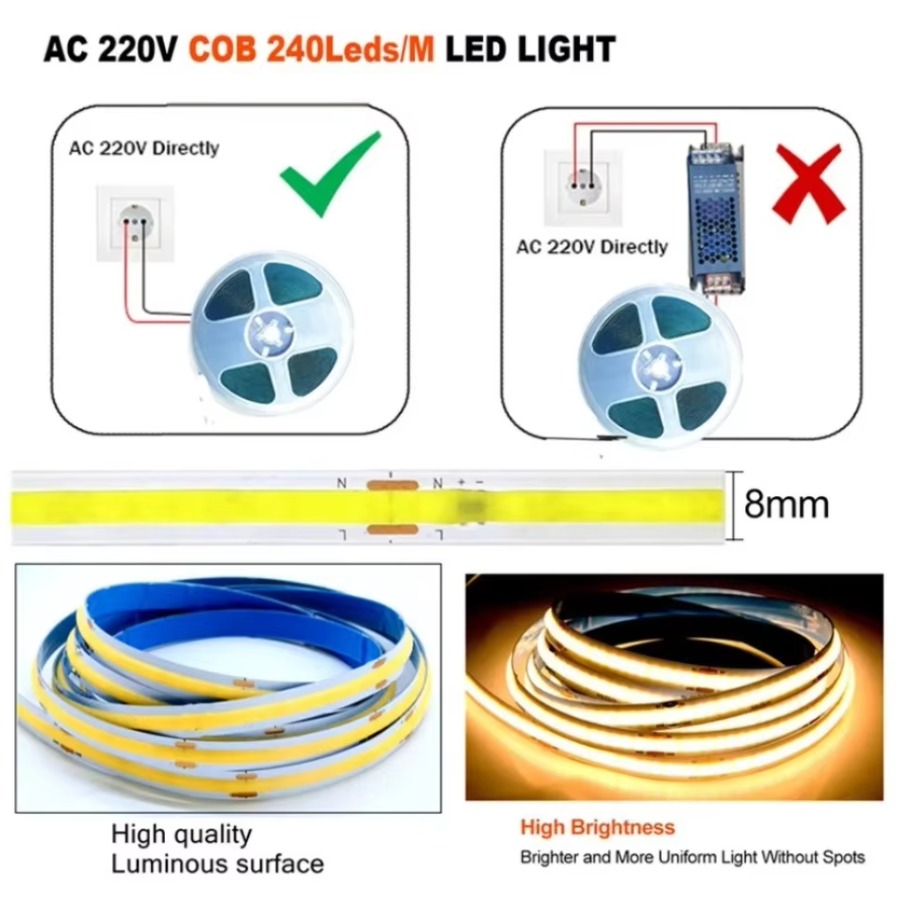 1-5m 220v luzes de fita flexível cob led luz de tira inteligente ic sem necessidade de driver alto brilho 240 leds iluminação linear ra95 branco quente