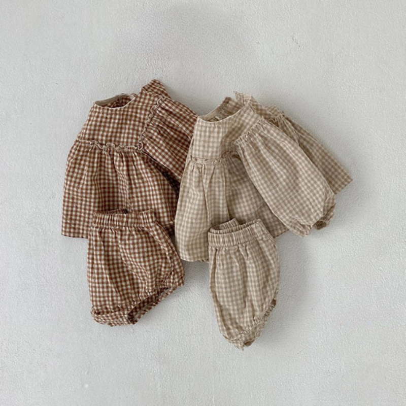 Set da bambina primaverile per bambina, set di camicetta e pantaloncini scozzesi in cotone per abiti da neonato per bambini