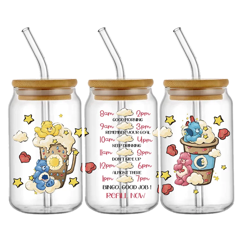 Oso lindo de dibujos animados 16OZ UV DTF taza envolturas pegatina de transferencia para vidrio Libbey lata botella autoadhesiva lavable DIY personalizado