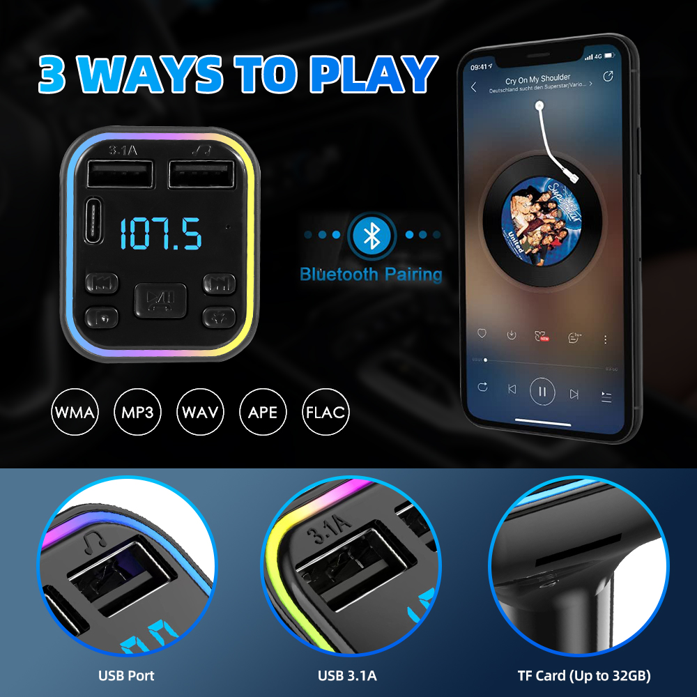 Автомобильный Bluetooth 5,0 FM-передатчик PD Type-C Dual USB 3.1A Быстрое зарядное устройство Красочный окружающий свет Громкая связь MP3-модулятор Плеер
