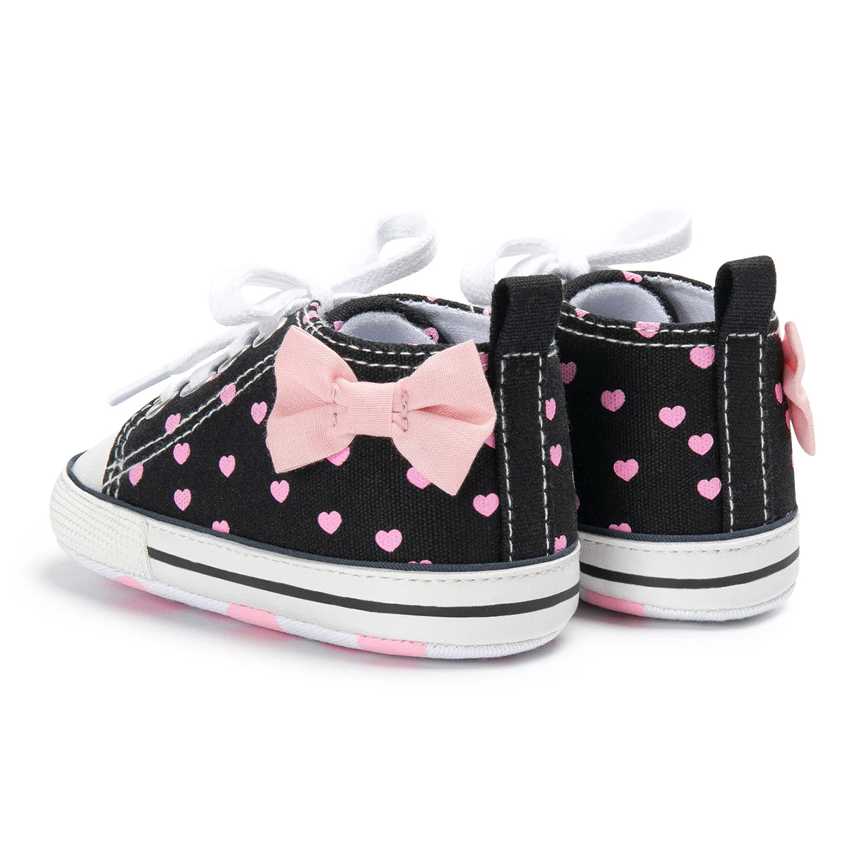 Bebê recém-nascido meninas sapatos moda bowknot coração impressão clássico lona casual alta topos tênis macio anti-deslizamento sola primeiros caminhantes