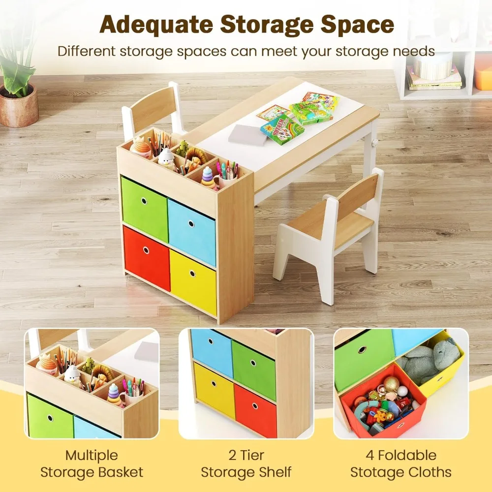 Kids Table and Chair Set, Toddler Art Craft Play Wood Activity Desk with 2 Chairs 4 Storage Canvas Bins Paper Roll