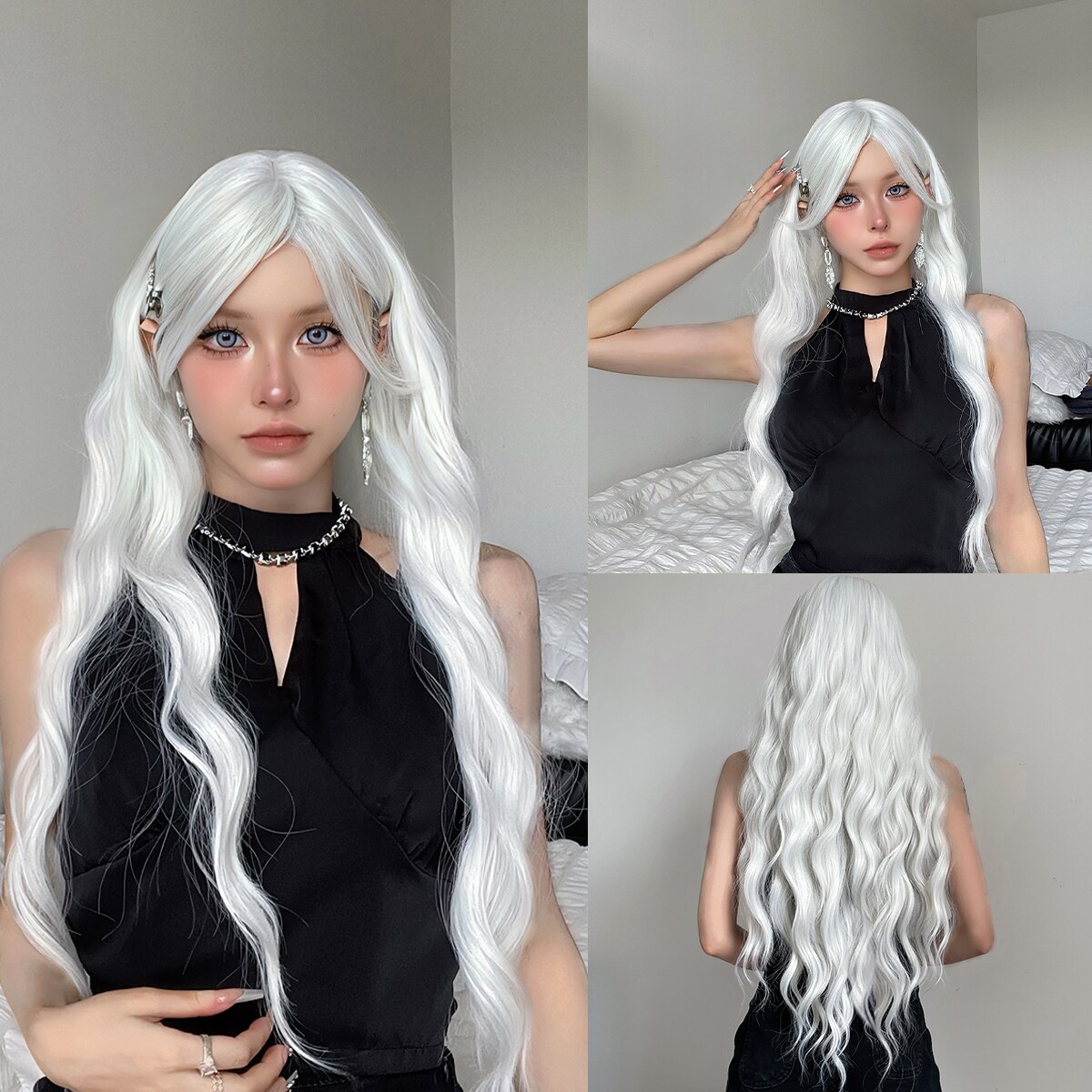 Peluca larga ondulada con flequillo, peluca sedosa blanca colorida para Cosplay para mujer, pelo sintético suave Natural para fiesta diaria, resistente al calor