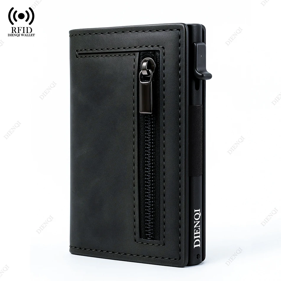 Anti-roubo titular do cartão de crédito carteiras masculinas rfid bloqueio de couro de alumínio pop up carteira minimalista carteiras titular do cartão para homem