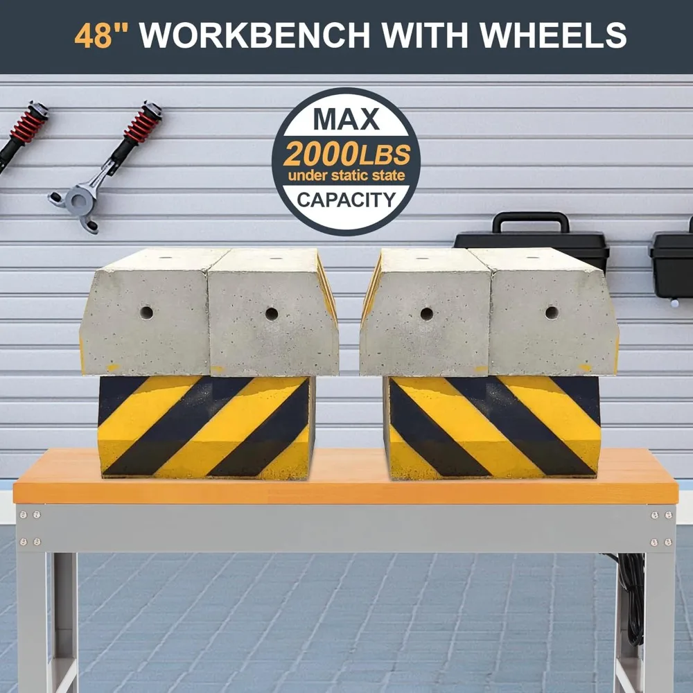 Height Adjustable Workbench with Wheels 48" x 24" 2000 Lbs Capacity Solid Wood Work Station Heavy-Duty Rolling Work