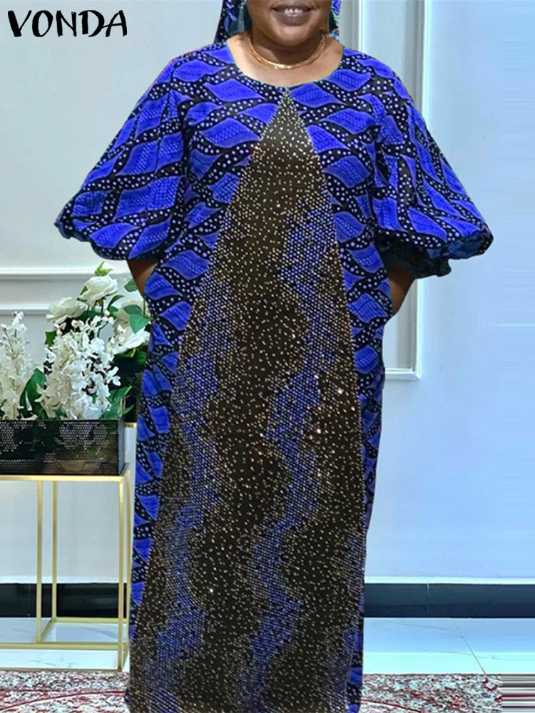 Vonda-女性のボヘミアンマキシロングドレス,ランタンスリーブ,ヴィンテージ,カジュアル,ラウンドネック,ルーズドレス,ラージサイズ,プリント,2024