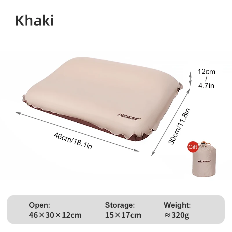 PACOONE-almohada autoinflable para acampar, almohada de esponja ultraligera 3D, almohada inflable automática para viajes al aire libre