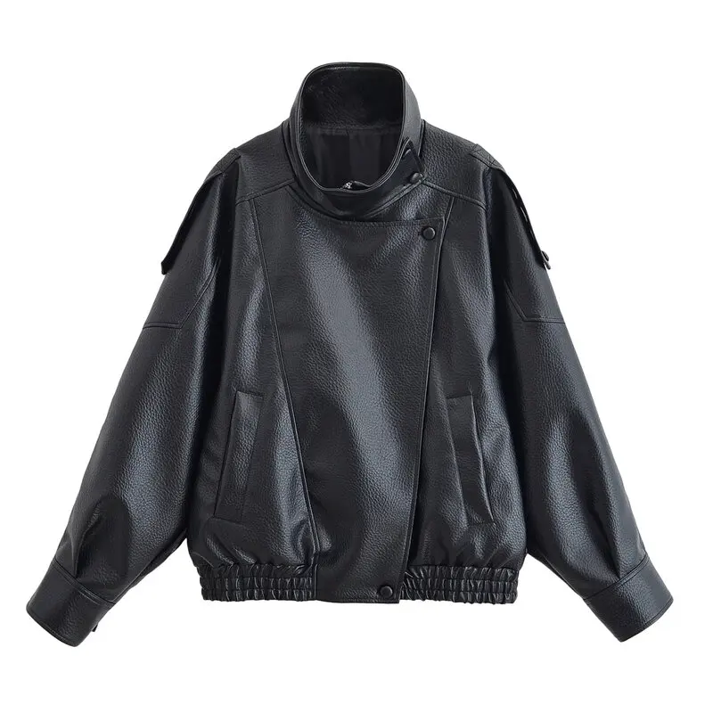 Jaqueta de Couro Fena com Design Solto, Casaco Curto, Moda Quente para Mulheres, Novo Estilo de Outono, Fechamento com Zí...