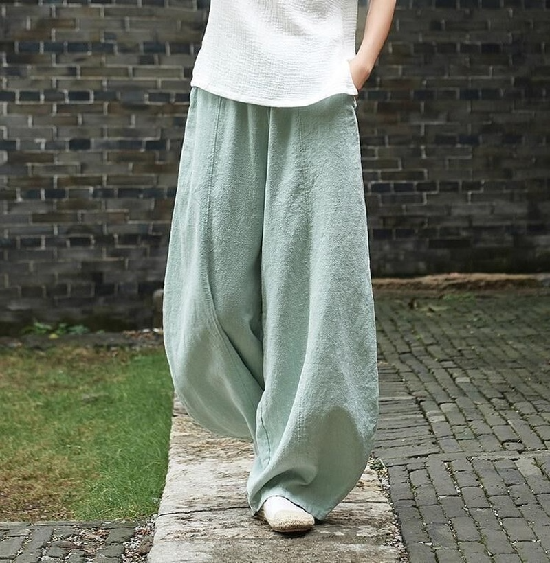 Cotton Linen Bloomers Wide Leg Pants Women Vintage Full Length Fashion Elegent Pants Solid Elasitic Waist Spring Autumn 5XL