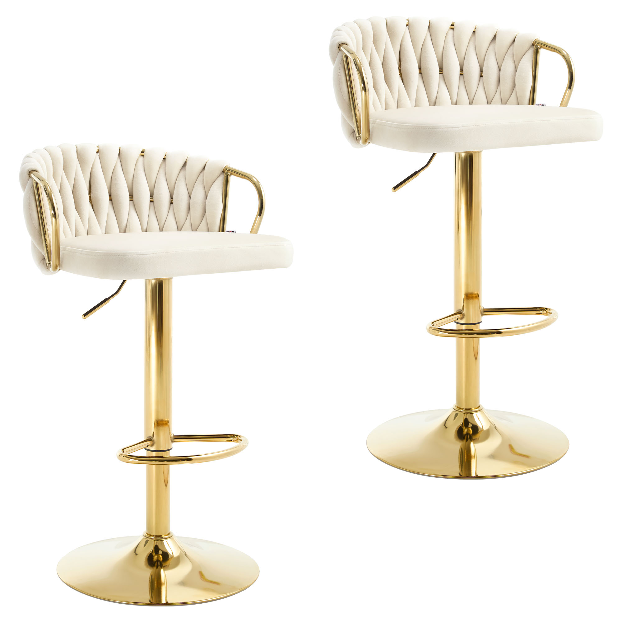 Tabouret de bar en velours avec dossier tressé, chaise réglable, repose-pieds en métal, tabouret de cuisine et de restaurant, recommandé, rotatif à 360 °, 2 pièces