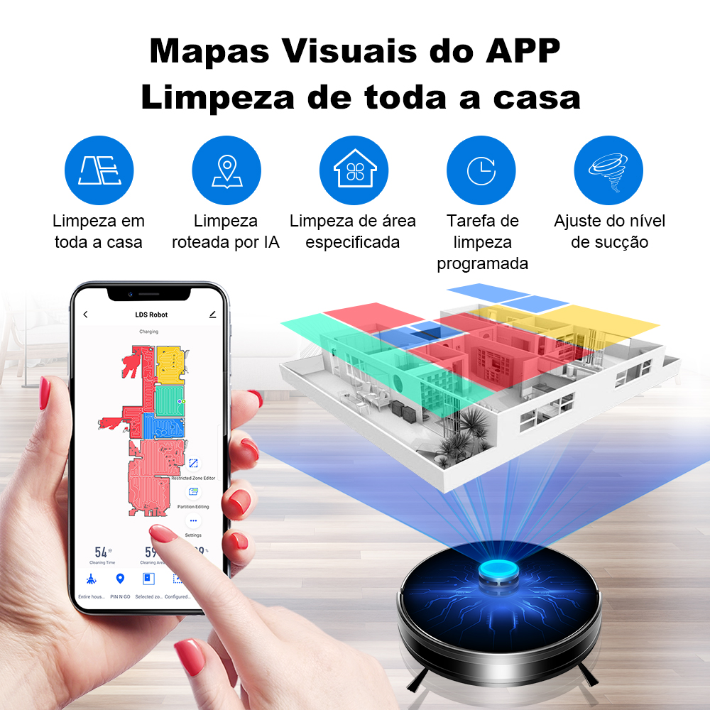 ( Código promocional: BR2020) Robô aspirador de pó Liectroux/Lilin XR500 , Sistema Lidar Laser LDS, vários andares mapas, zona de limpeza, área restrita configuração para casa tapete lavagem,Voz em português,6500Pa
