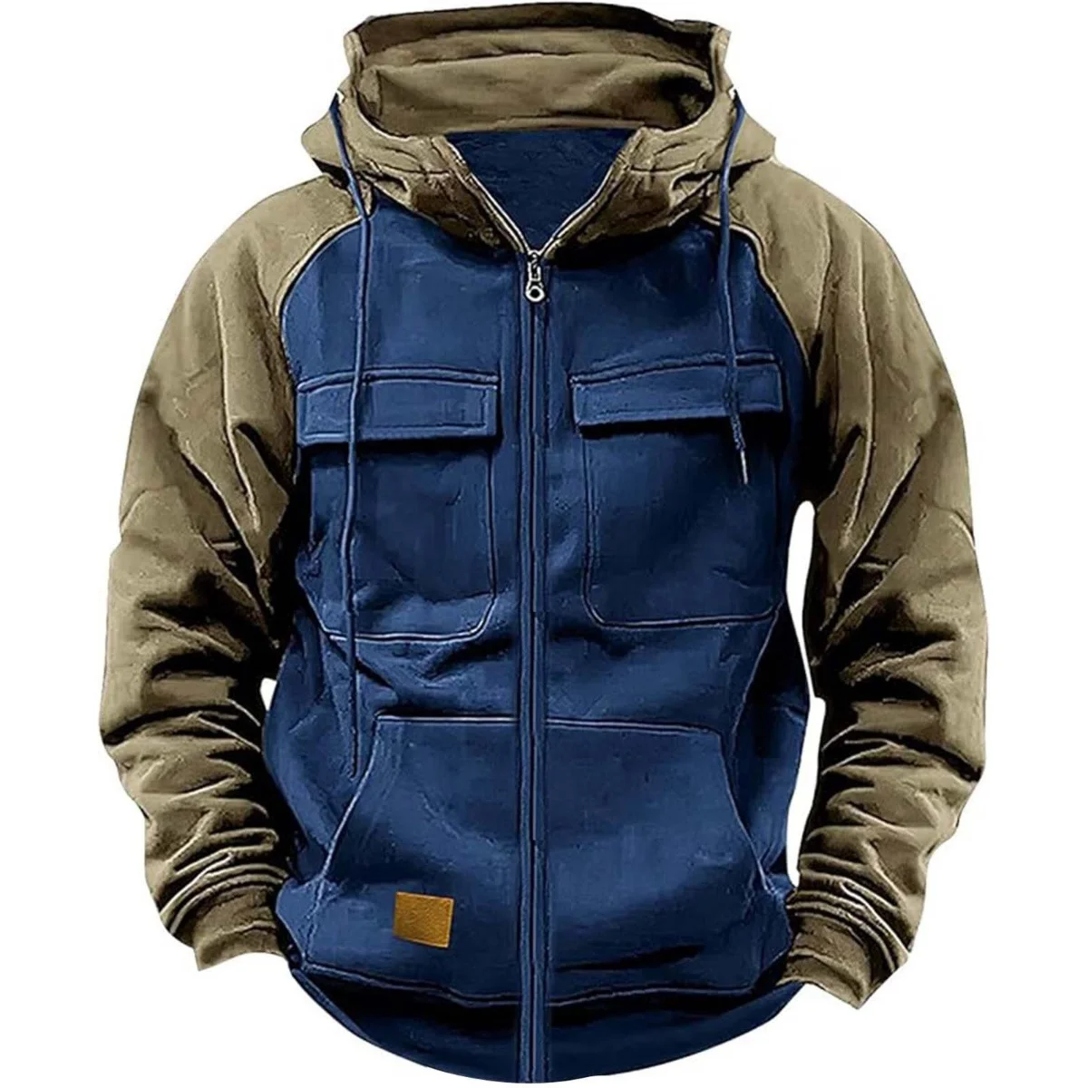 Sudadera con capucha para hombre, chaqueta polar de retales con cremallera, cálida, deportiva, Otoño Invierno, con múltiples bolsillos, capucha de moda