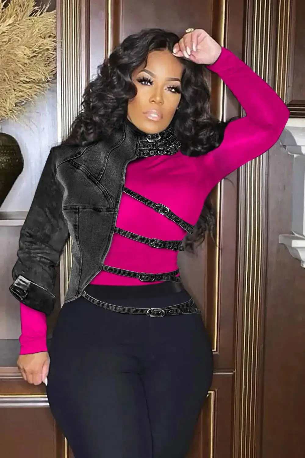 Jaqueta plus size diária azul mock neck assimétrico bainha irregular jeans um ombro design curto