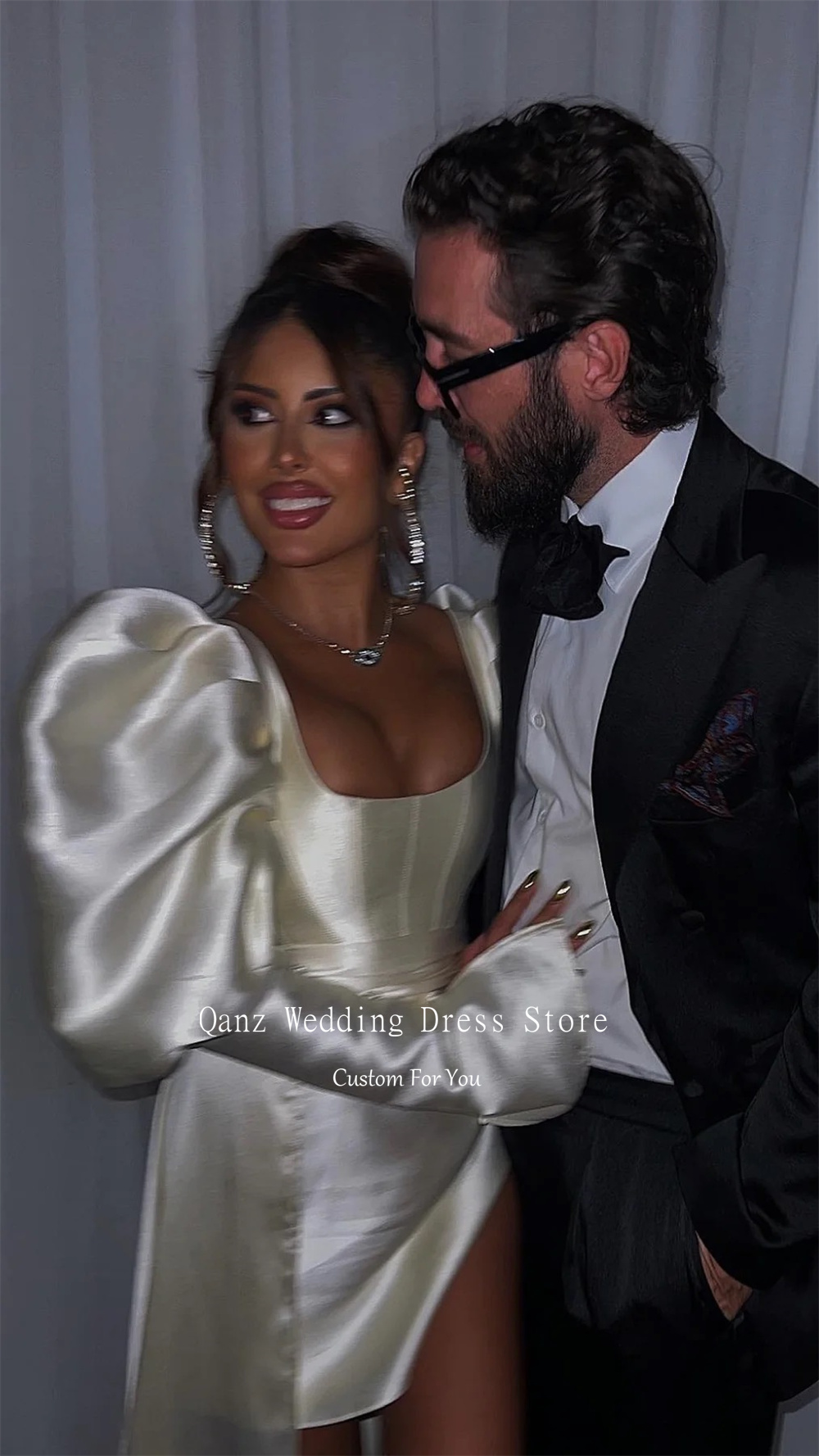 Qanz-Robe de Soirée de Mariage en Satin à Manches sulfBouffantes, Tenue Personnalisée