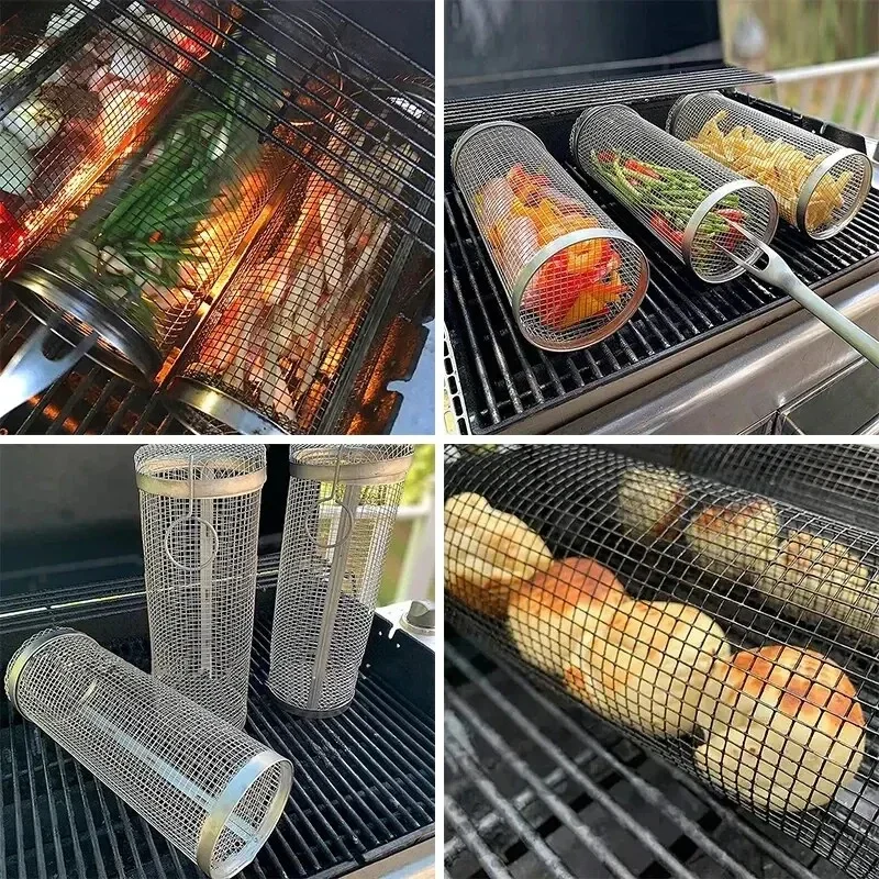 Edelstahl BBQ Grill Korb Draht Mesh Zylinder Tragbare Runde Grill Korb Grill Rack Outdoor Camping Begasungsgerät lecker
