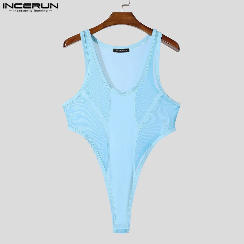 INCERUN Amerikaanse Stijl Body Mode Heren Mesh Splicing Side Hoge Split Driehoek Jumpsuits Sexy Homewear Mouwloze Jumpsuits