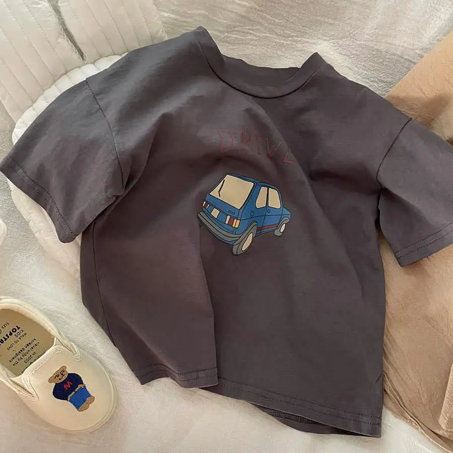 ソリッドカラー Prnted 半袖 Tシャツ夏服男の子ルーズカジュアル O ネック Tシャツ子供服ベビーボーイ Tシャツトップス