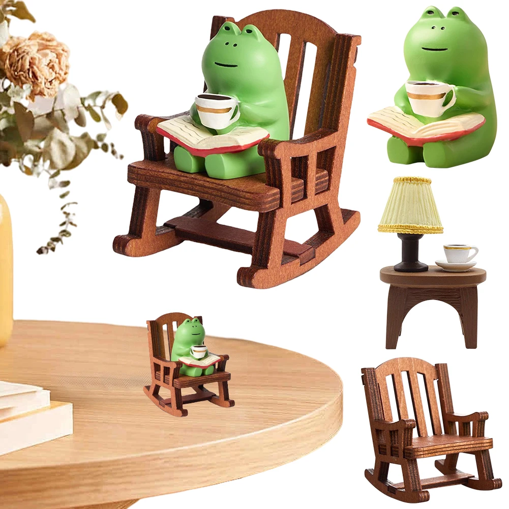 Cute Healing Small Decoration Cute Mini Frog Resin Figurine Rocking Chair Design with Book Coffee Home Bedroom Office Decoration