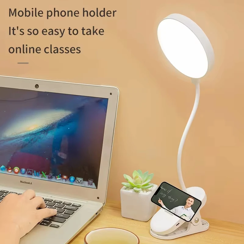 Lámpara LED portátil con Clip para mesa, lámpara de escritorio con Clip recargable por USB, luz nocturna de lectura para cama, luz táctil con 3 modos de atenuación, luz de protección ocular