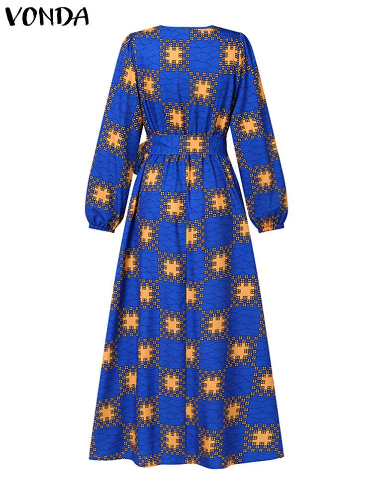 プラスサイズ VONDA 女性長袖プリントマキシドレス秋 2024 V ネックエレガントなパーティーサンドレスボヘミアンスリットカジュアルローブベルト付き