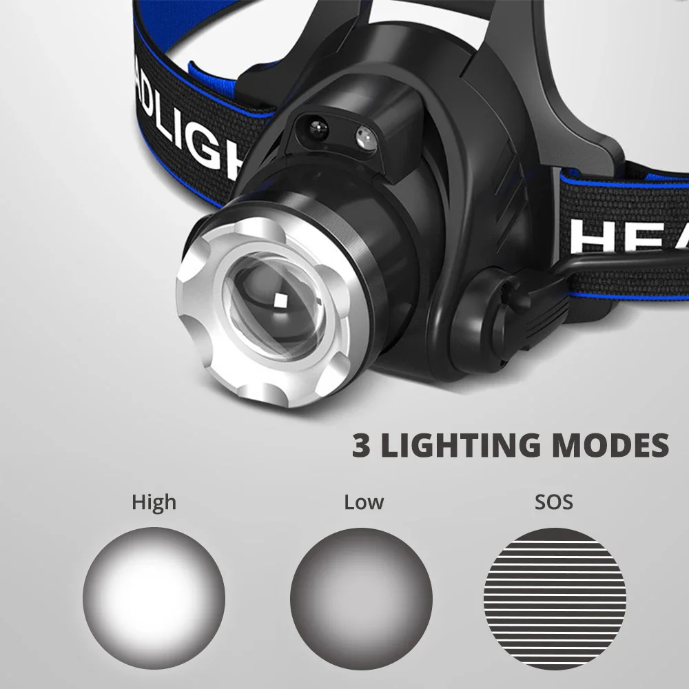 Faro Led T6 para pesca, lámpara de cabeza con 3 modos de Zoom, resistente al agua, superbrillante, funciona con 2 pilas 18650
