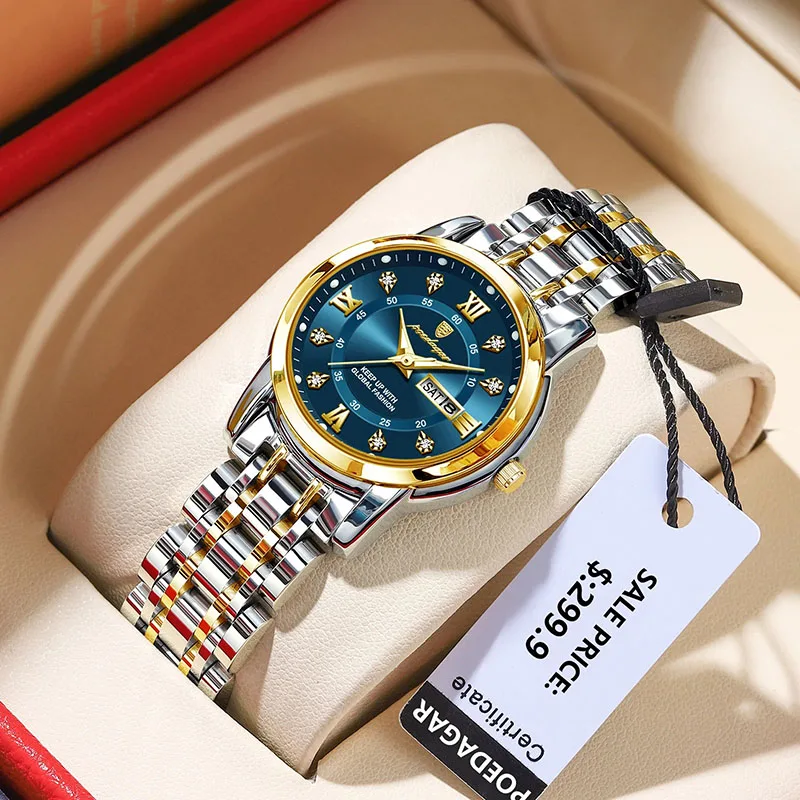 Relojes dorados para mujer, pulsera de acero inoxidable con diamantes de imitación de lujo, Relojes de pulsera de cuarzo para mujer, reloj luminoso resistente al agua con fecha