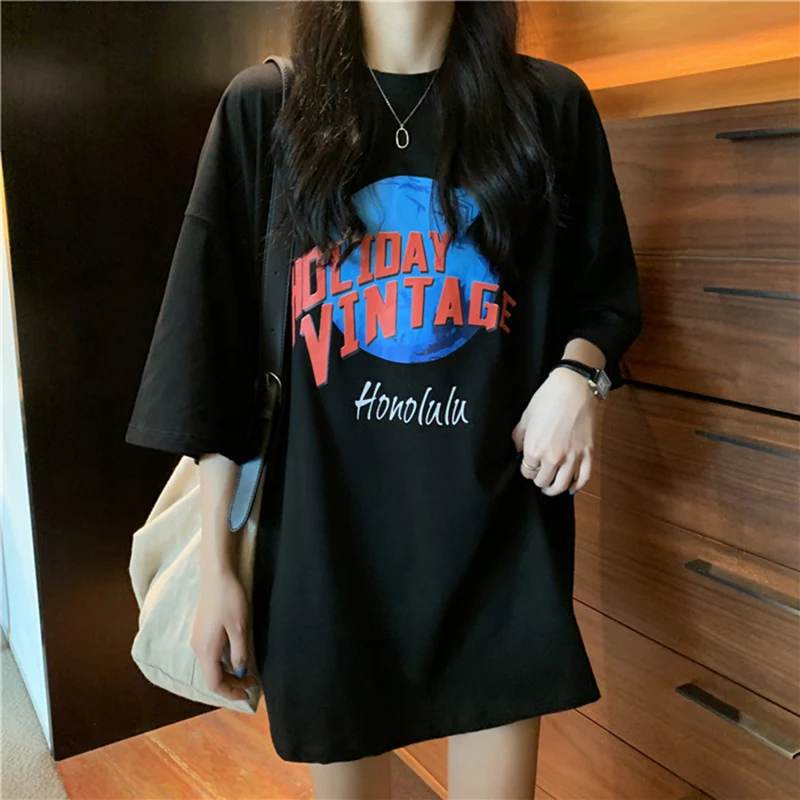 ルーズフィットプラスサイズコットン Tシャツ半袖レディースファッションカジュアルラウンドネックプリント韓国スタイル夏新着