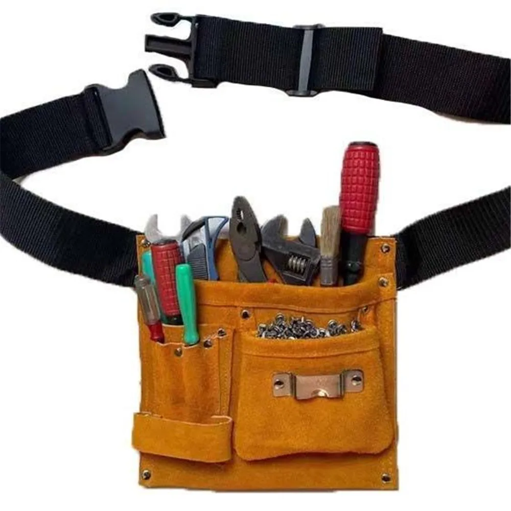 Reinforced Leather Tool Bag with Waist Belt Large Capacity Tool Belt Tool Organizer Pouch for Electrician Carpenters
