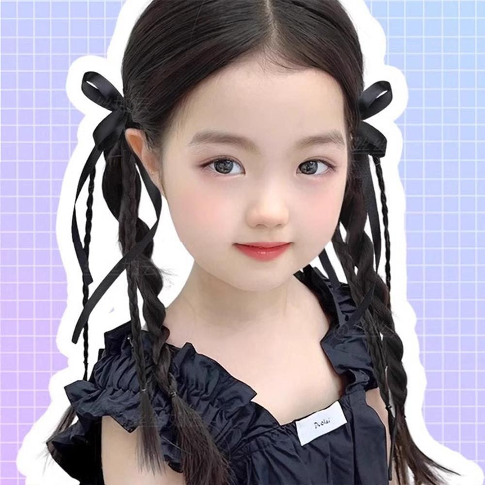 Synthetische 2PC Kinder Simulation Boxgeflecht Doppel Pferdeschwanz Perücke Mädchen Band Bowknot Twist Braids Perücken Verlängerung 50cm
