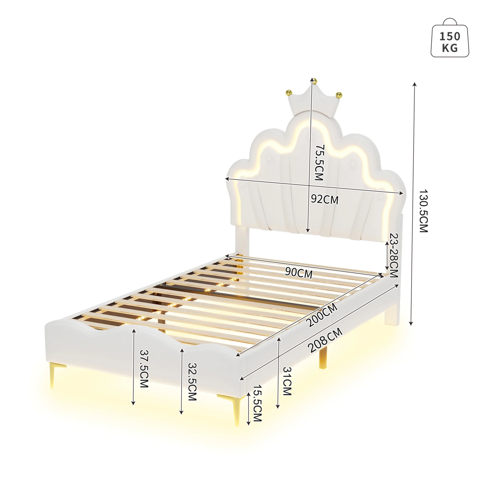 Comanlai-Cama infantil com luz LED, cabeceira em forma de coroa, cama estofada em couro PU, branco, 90x200cm
