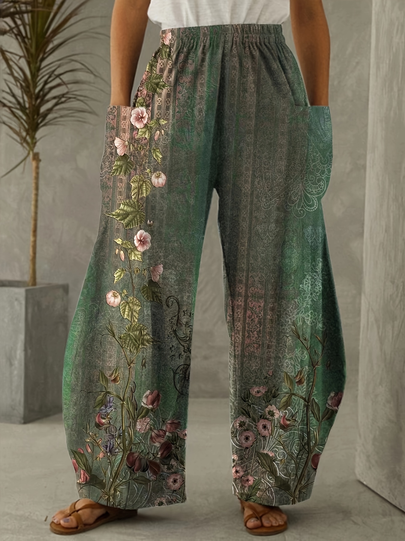Ladies' Diagonal Pocket Wide Leg Pants For Daily Casual And Elegant Floral Fashion Printed Loose Pants For Women's Clothing