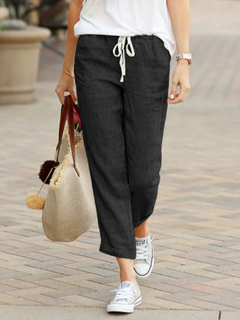 Pantalón elegante liso y sencillo para mujer, Pantalón recto recortado con cordón y cintura elástica, Pantalón informal de oficina para mujer