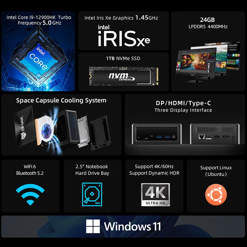 Bmax B9 Power Mini Pc Intel Core I9-12900H 14 Core Max 5.0Ghz 24Gb 32Gb Ram 1Tb Ssd Wifi 6 Bluetooth 5.2