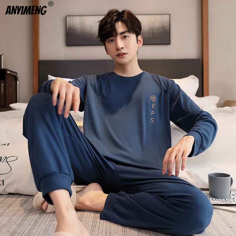 Pijamas de algodão dos homens conjunto outono inverno novo lazer mangas compridas pijamas L-5XL plus size pijamas menino cavalheiro homesuit