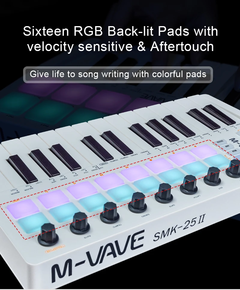 M-VAVE SMK-25 II MIDI Pad Controller Keyboard USB Mini 25 Key,16 RGB Drum Pads,8 Knobs and Music Production,Software Included