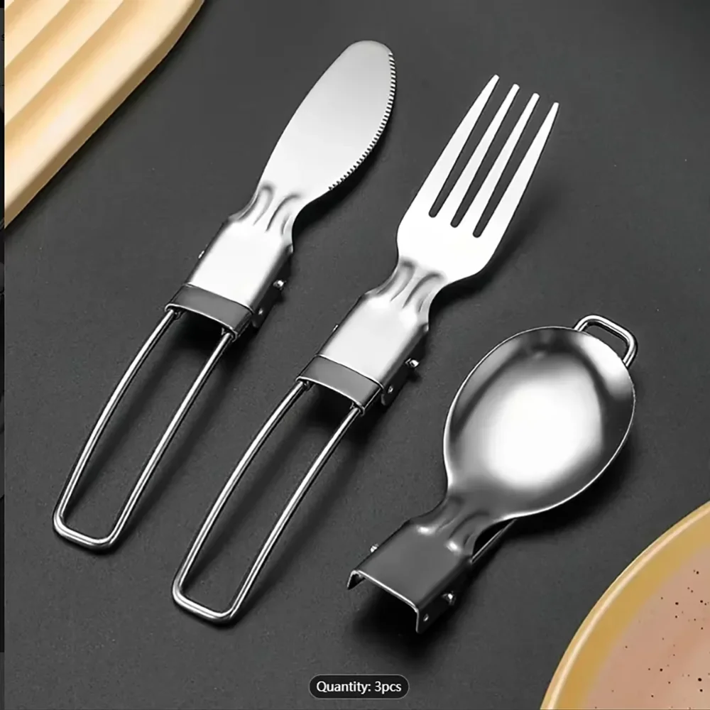 3 pz/1 set portatile campeggio esterno viaggio picnic pieghevole set di posate in acciaio inossidabile cucchiaio forchetta coltello stoviglie da viaggio all'aperto