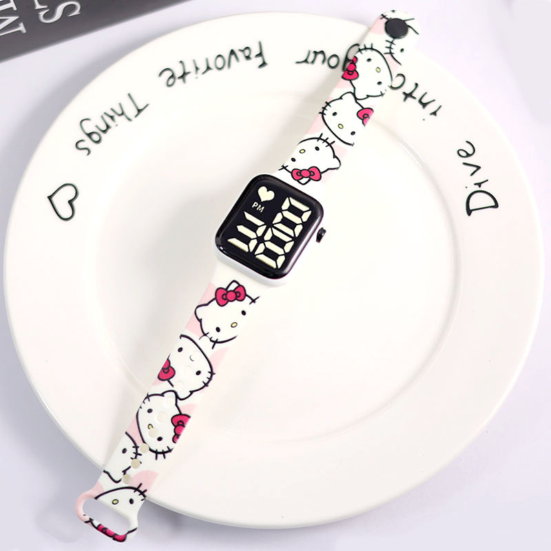 Sanrio Hello Kitty Cartoon bedruckte Knopf-LED-Elektrouhr, Teenager-Mode, Persönlichkeit, Stich, bedruckt, quadratische elektronische Uhr