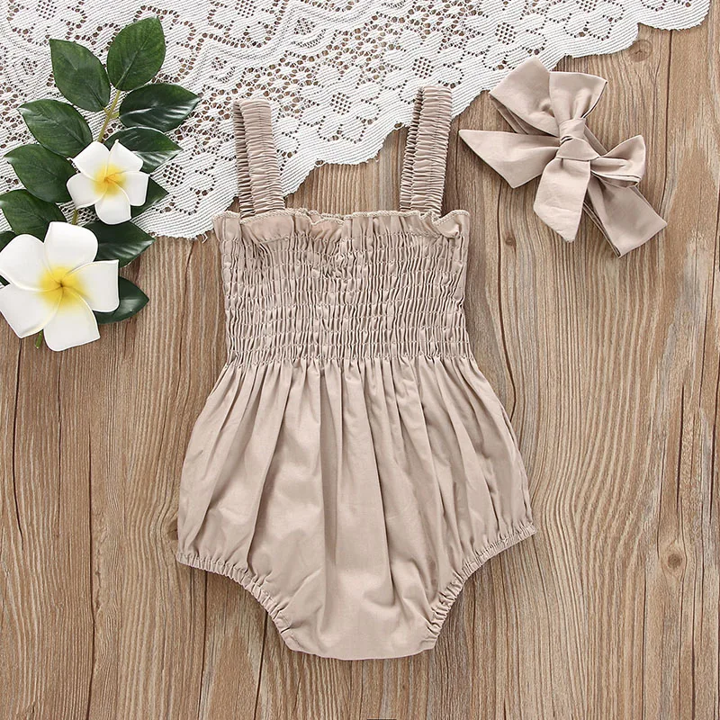 Ropa de bebé, mono de verano, conjunto de Color sólido fruncido para niño niña, informal, sin mangas, con tirantes, peleles para niños, conjunto con diadema
