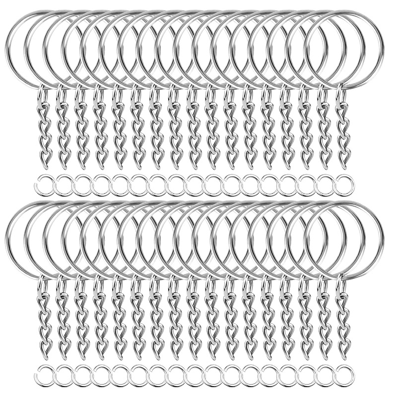 50 SZT. Breloki z Łańcuszkami - Łańcuszki z Klamrą o Średnicy 25 mm - Srebrne Breloki z Łańcuszkami o Średnicy - 4 Łańcuszki