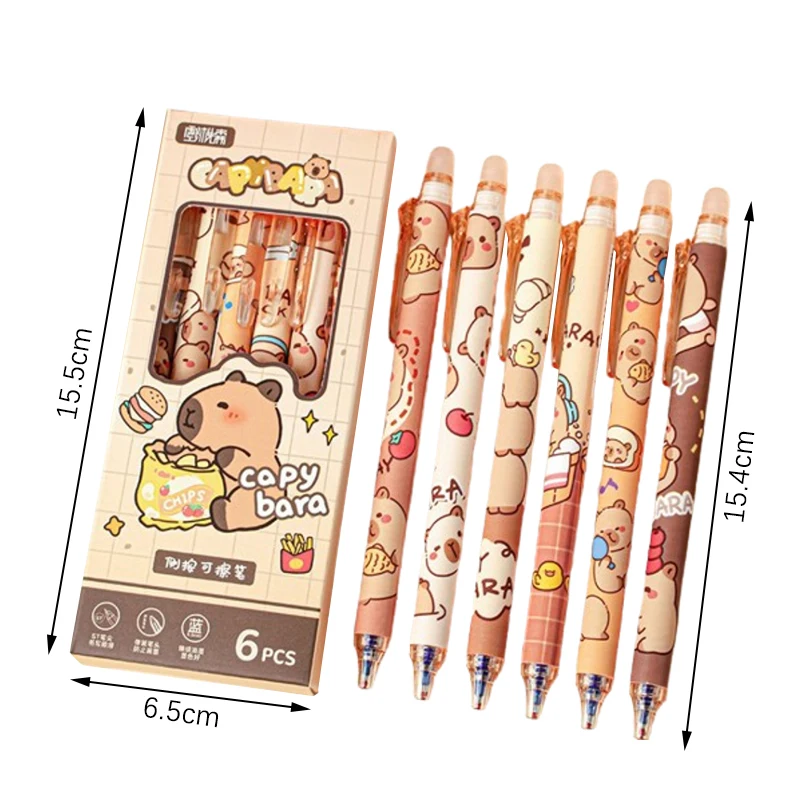 6 ชิ้นน่ารัก Capybara Erasable ปากกาหมึกสีฟ้าการเขียน Smooth Quick - Drying ปากกาอุปกรณ์สํานักงานโรงเรียนนักเรียนเครื่องเขียนของขวัญ