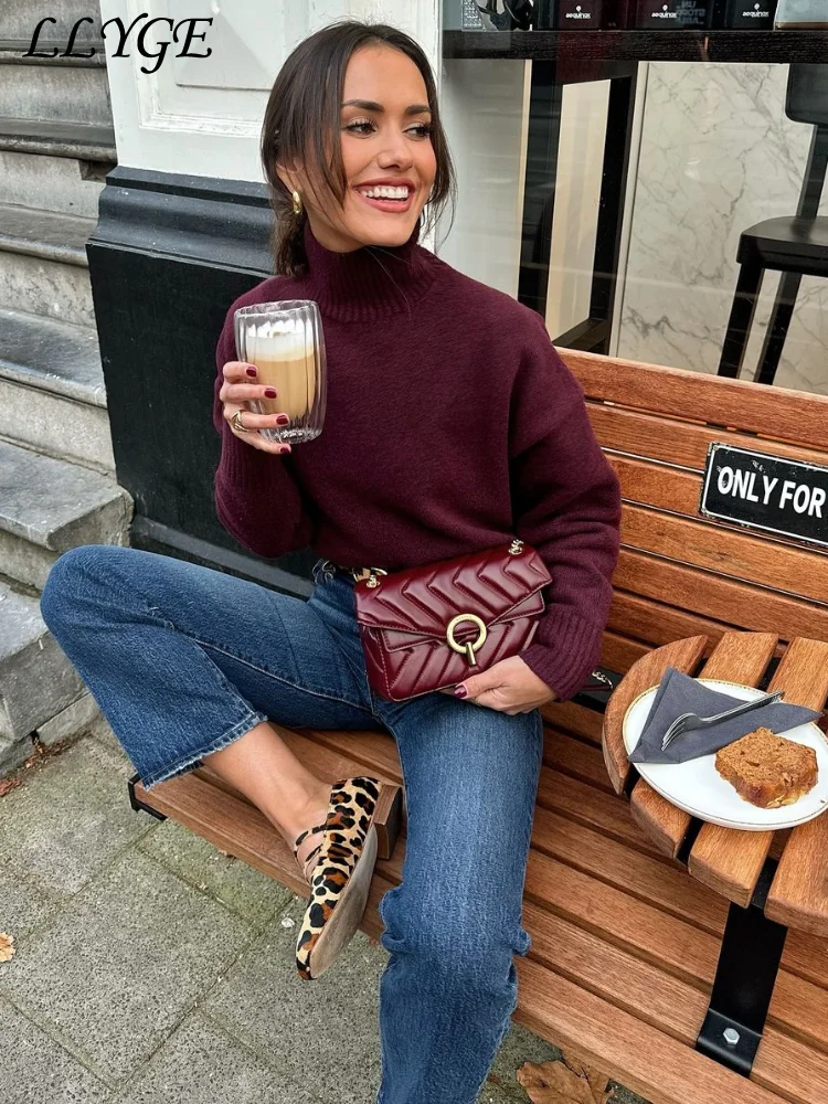 Suéter Vintage de cuello alto color Burdeos para mujer, Jersey grueso informal de manga larga para mujer, prendas de punto cómodas que combinan con todo para invierno 2024